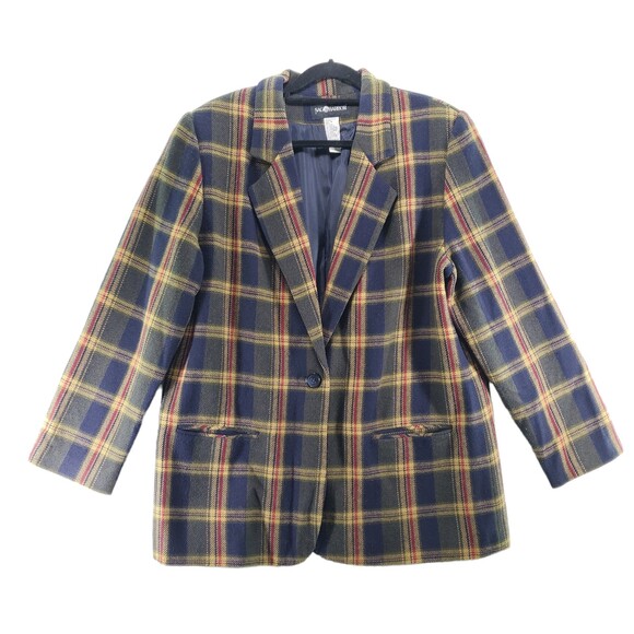 Sag Harbor Navy Green Gold Blazer Wool Blend Plus Size 18 Preppy Equestrian - Picture 1 of 10